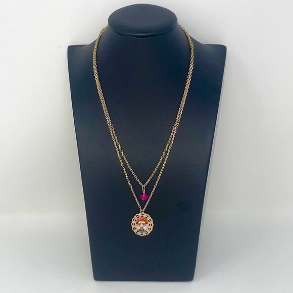 Frida Kahlo Portrait Gold Layered Pink Crystal Necklace - Picture 2 of 6